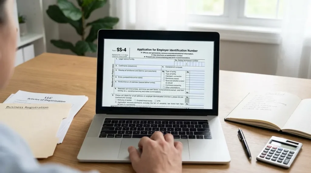 Authentic IRS Form SS-4 displayed on a laptop with EIN application documents.