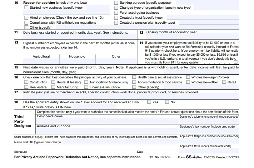 select reason for applying ss4 form for bussines